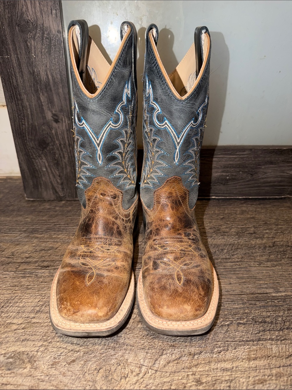 Old West Kids Burnt Tan and Navy Blue Square Toe Cowboy Boots